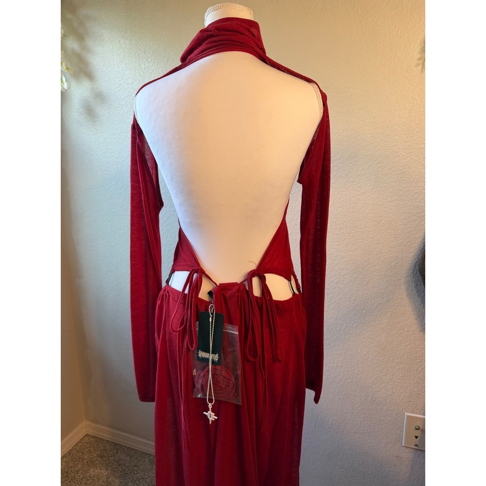 Darker Wavs Dolls Kill Red Sheer Cutout Maxi Dress with Shrug Medium NWT - Picture 4 of 10